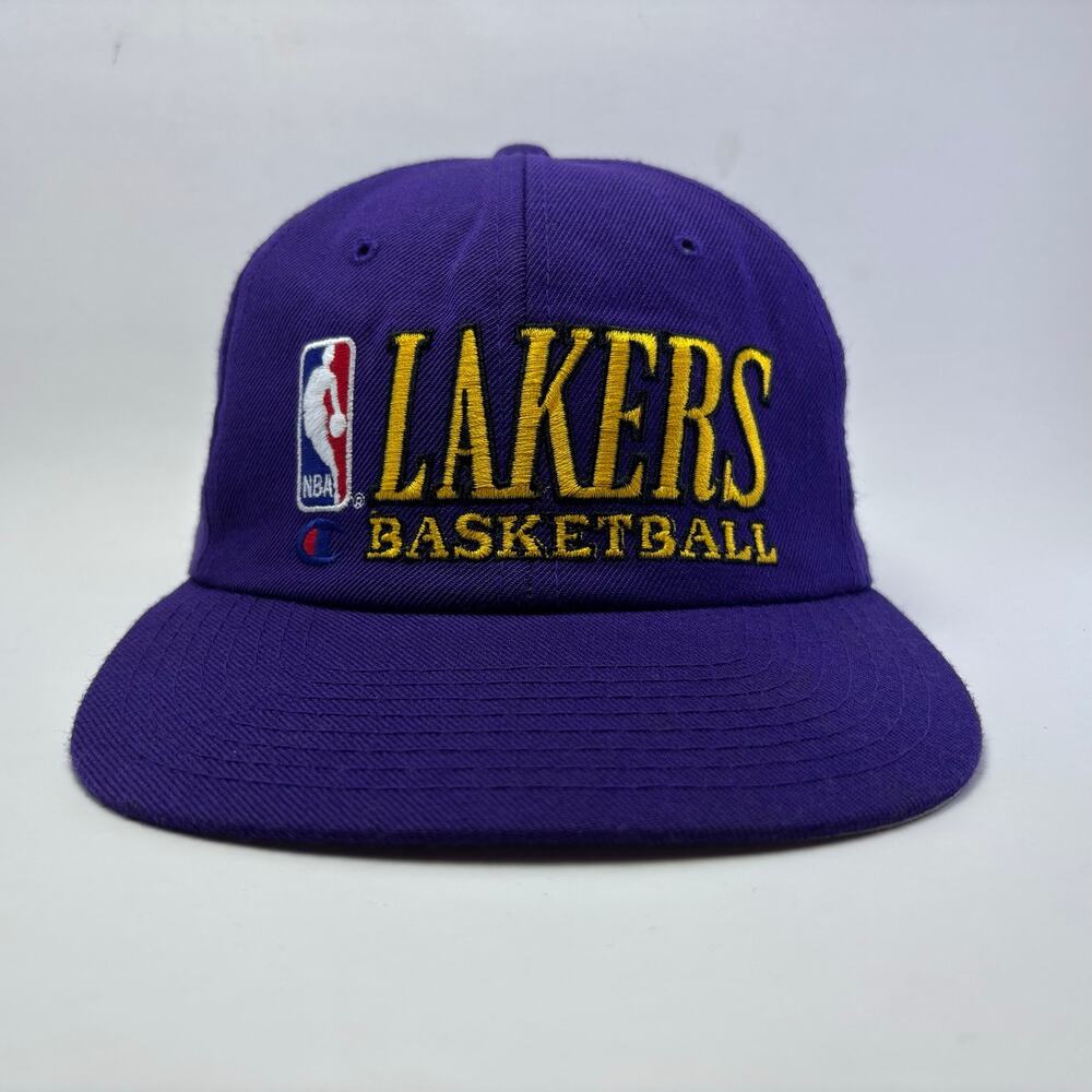 RARE Vintage 90s CHAMPION Lakers Basketball Adjustable Purple Hat Adult OSFA